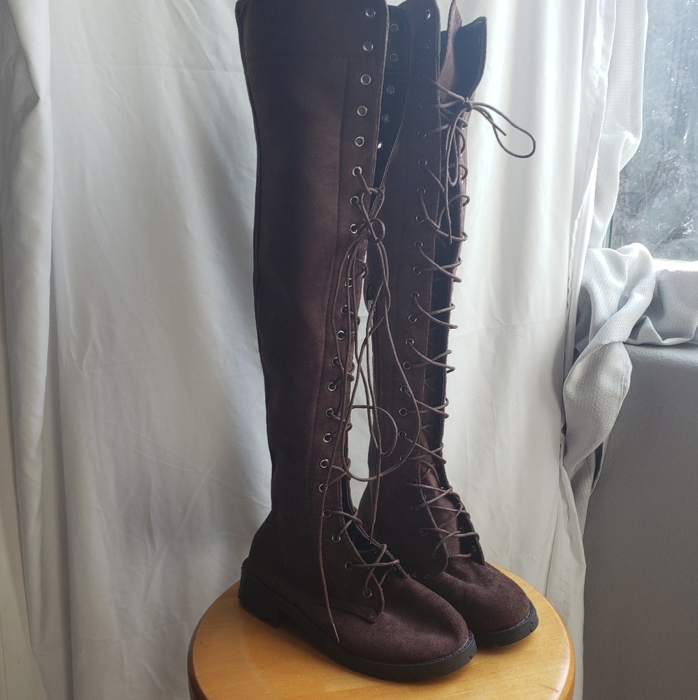 Tall knee high brown faux suede lace up boots